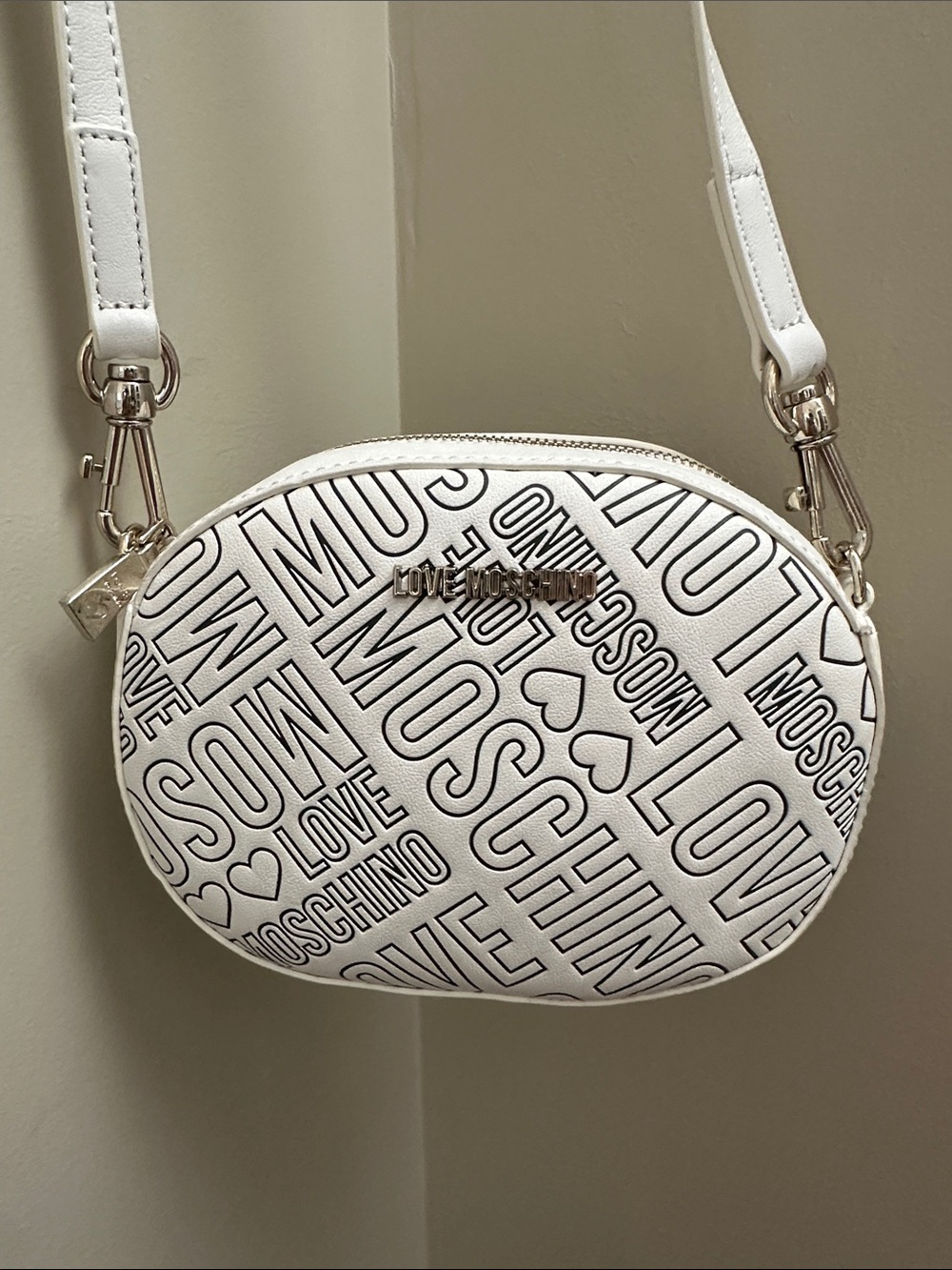 Love Moschino White Crossbody with Black Logo Print